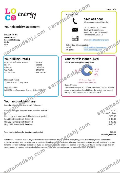 United Kingdom LoCO2 Energy business utility bill template in Word and PDF formats